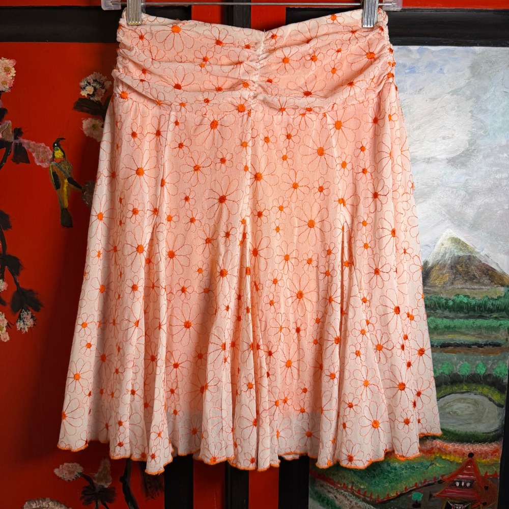 White Orange Floral Embroidered Cutesy Forest Fairy Knee Length Skirt Size M - Picture 4 of 11
